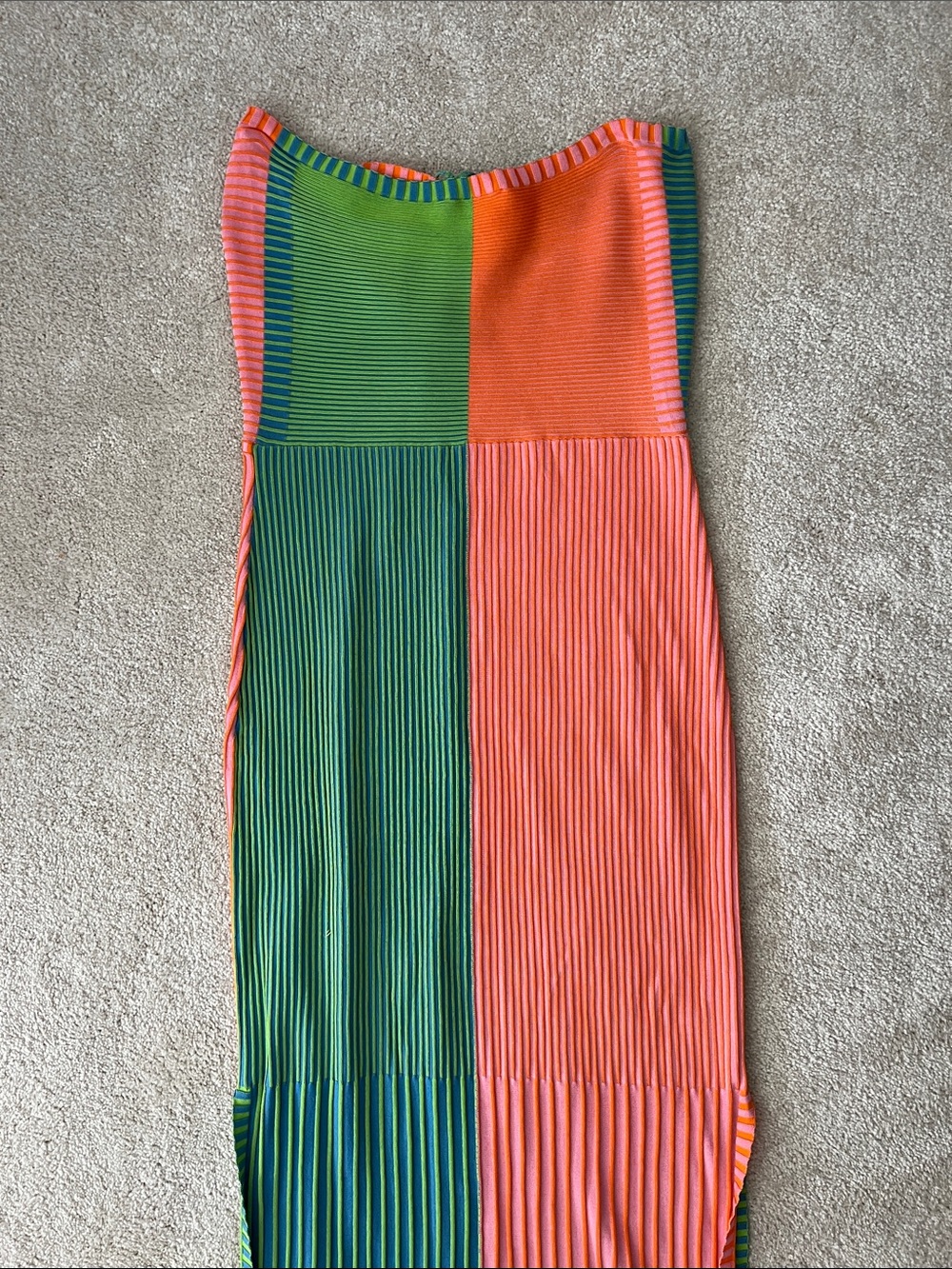 Solid & Striped Colorblock Strapless Ribbed Knit Dress - Pink, Green & Orange - Picture 4 of 6